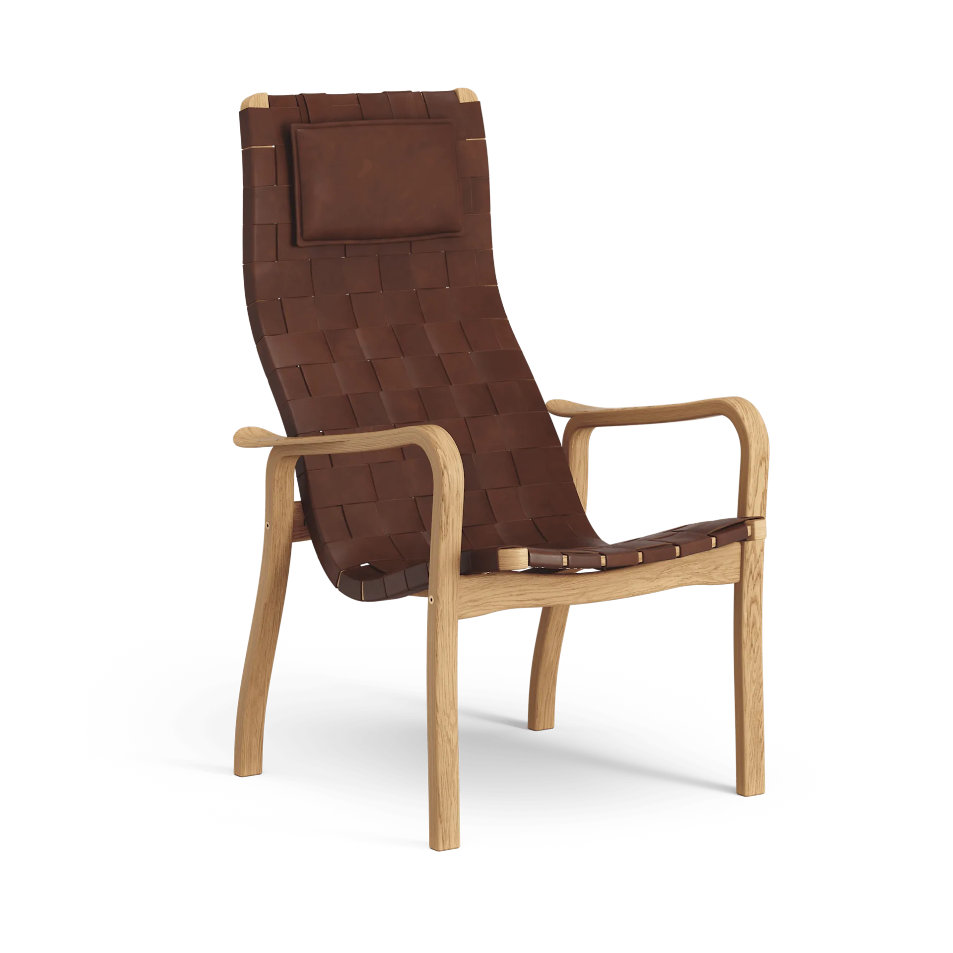 Primo arm chair high with neck cushion oiled oak, Belt leather brown / red Swedese
