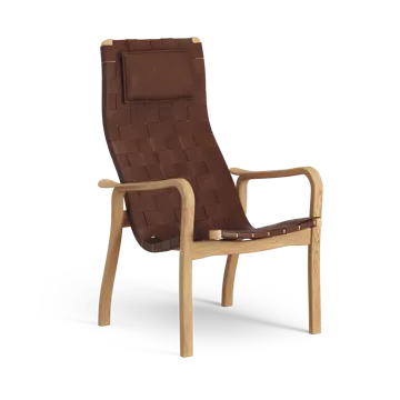 Primo arm chair high with neck cushion oiled oak - Belt leather brown / red - Swedese