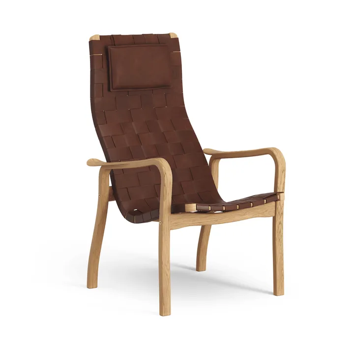 Primo arm chair high with neck cushion oiled oak - Belt leather brown / red - Swedese