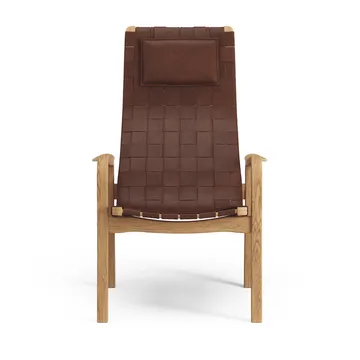 Primo arm chair high with neck cushion oiled oak - Belt leather brown / red - Swedese