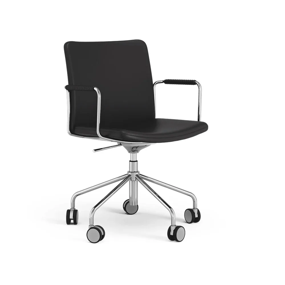 Stella office chair can be raised/lowered with tilt, Leather elmosoft 99999 black, chrome stand, leather-covered armrests, flexible back Swedese
