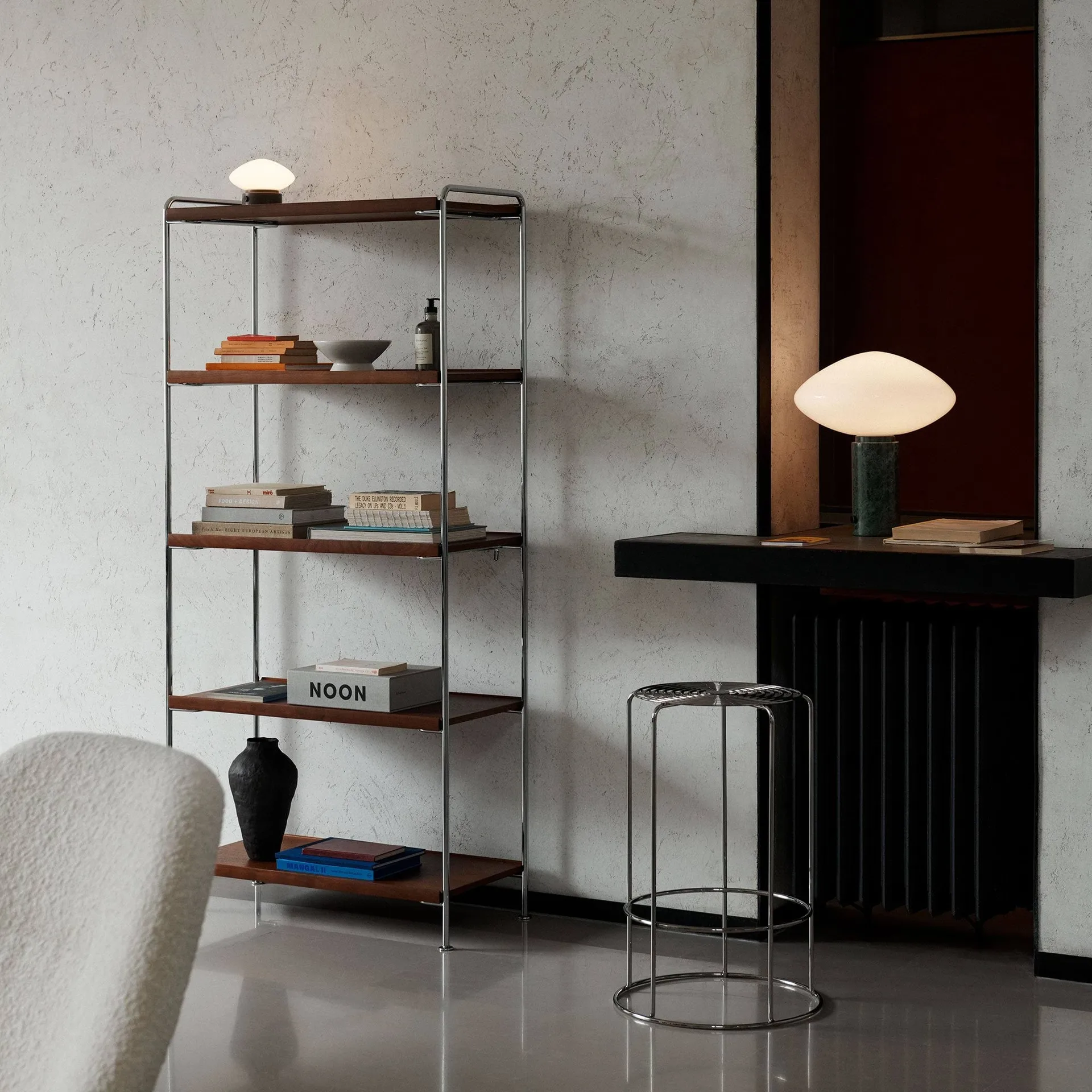 Alima NDS6 shelf, Lacquered walnut-chrome &Tradition
