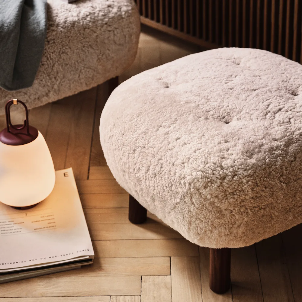 Little Petra ATD1 footstool, Sheepskin moonlight-oak legs oiled &Tradition