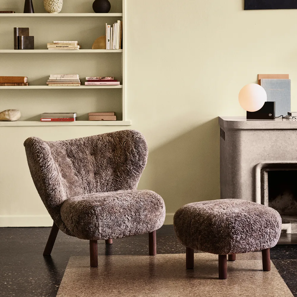 Little Petra ATD1 footstool, Sheepskin moonlight-oak legs oiled &Tradition
