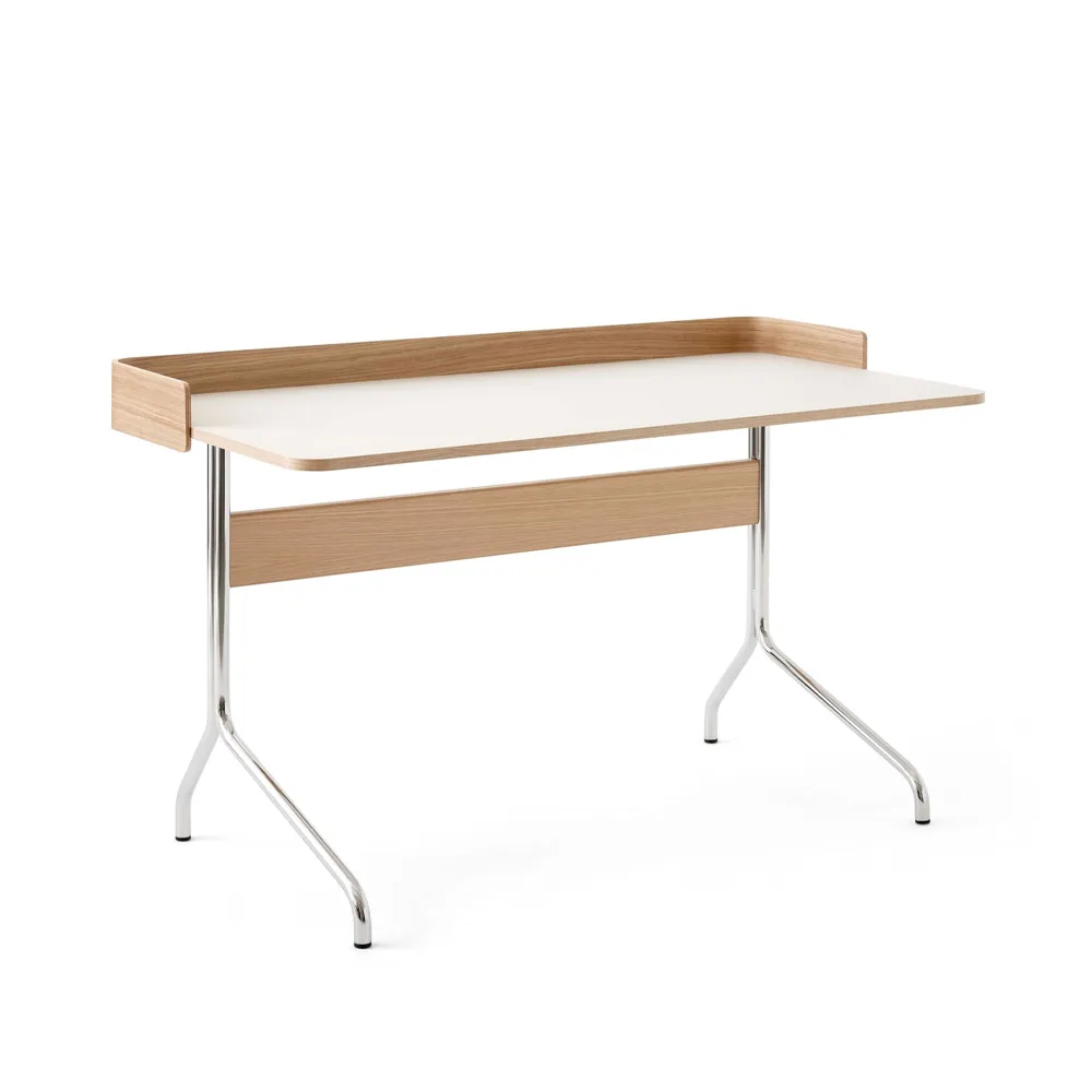 Pavilion AV17 desk, Mushroom linoleum, lacquered oak, chrome legs &Tradition