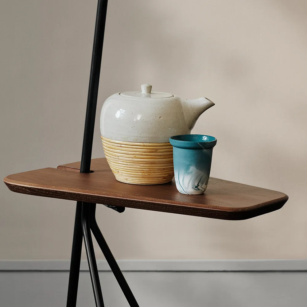 Cone floor lamp, Black noir, teak table, brass details Warm Nordic
