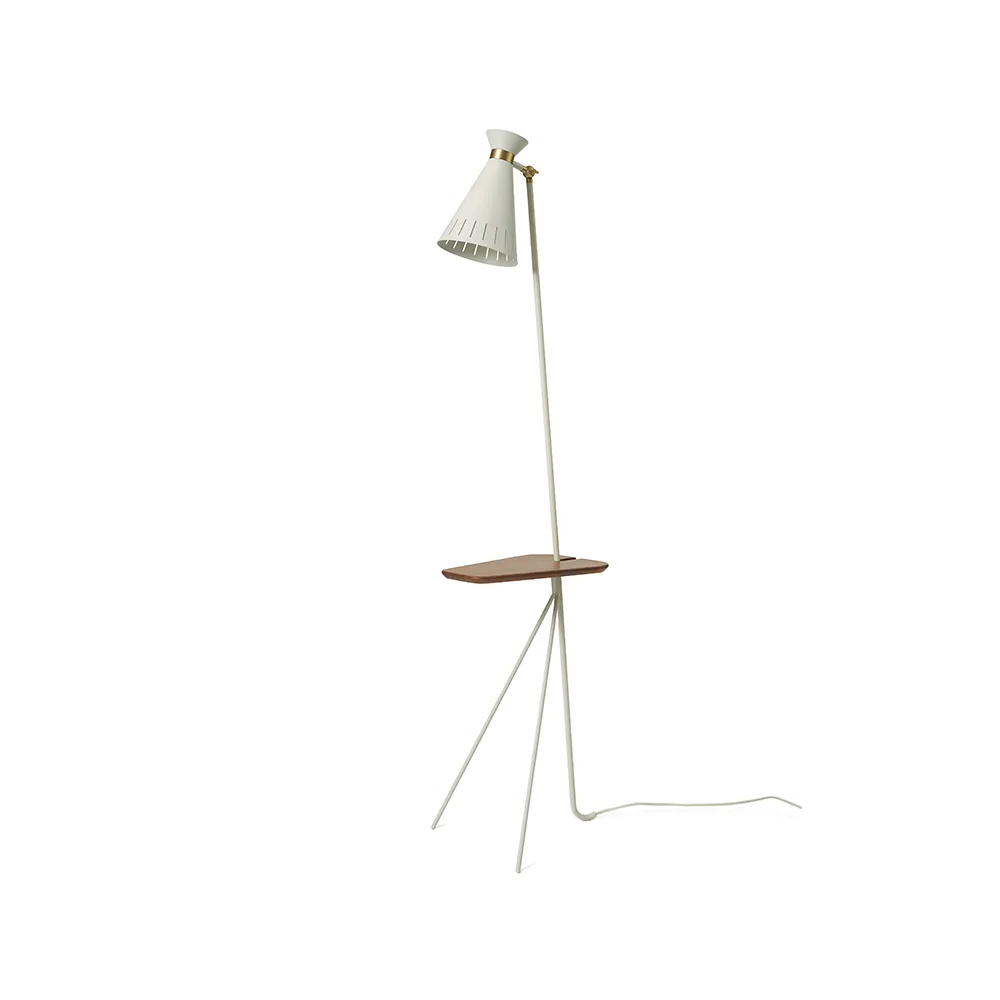 Cone floor lamp, Warm white, teak table, brass details Warm Nordic