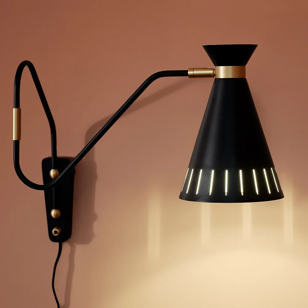 Cone wall lamp, Black noir, brass details Warm Nordic