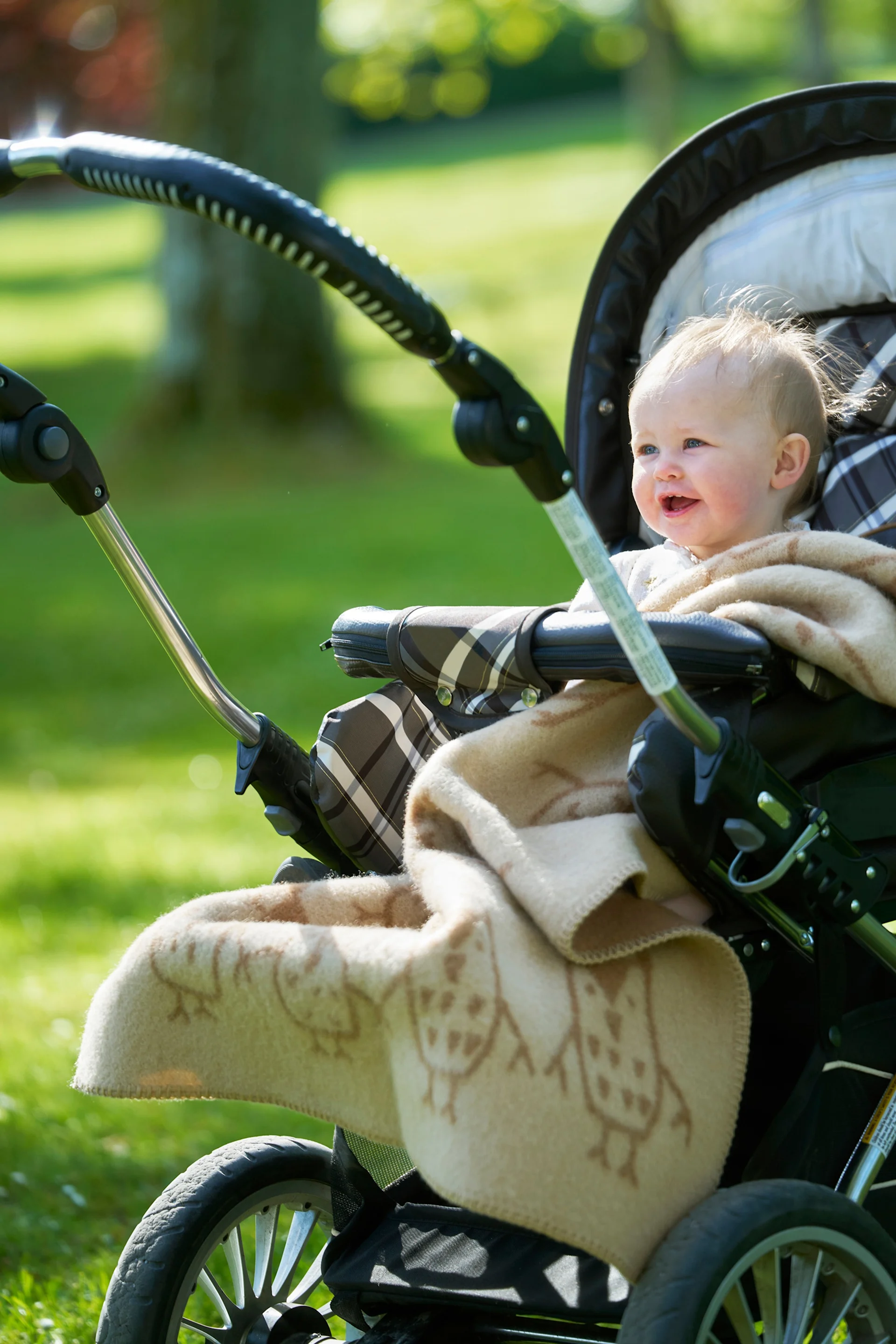 A smiling baby with light hair wrapped in an owl-patterned blanket sits in a stroller outdoors in a sunny park.