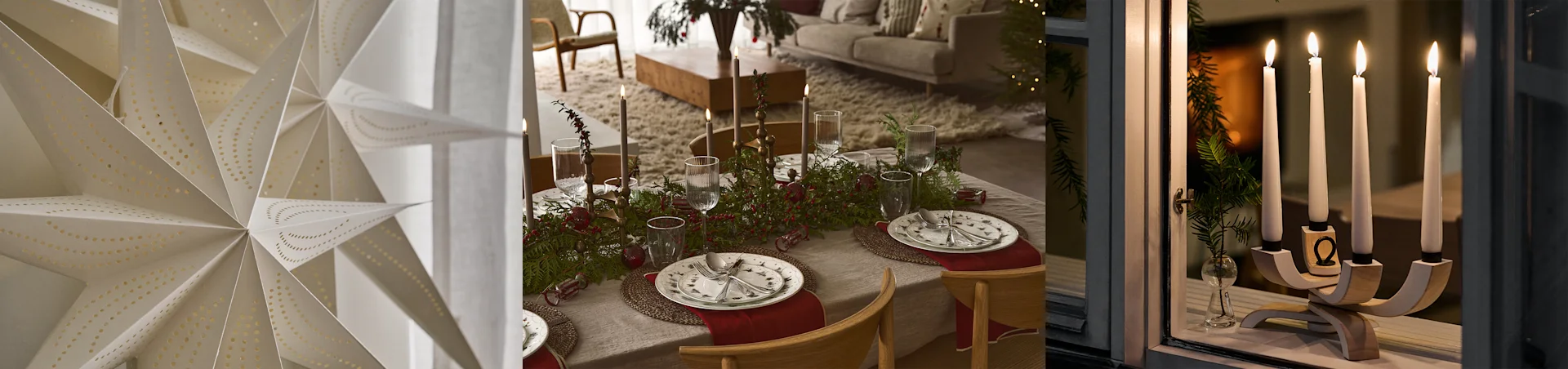 A triptych: a white paper star, a festive dining table with green and red decor, and a wooden advent candle holder with four lit candles.