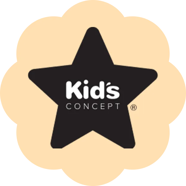 Kid's Concept logo, a black star with white text on a light beige scalloped background.