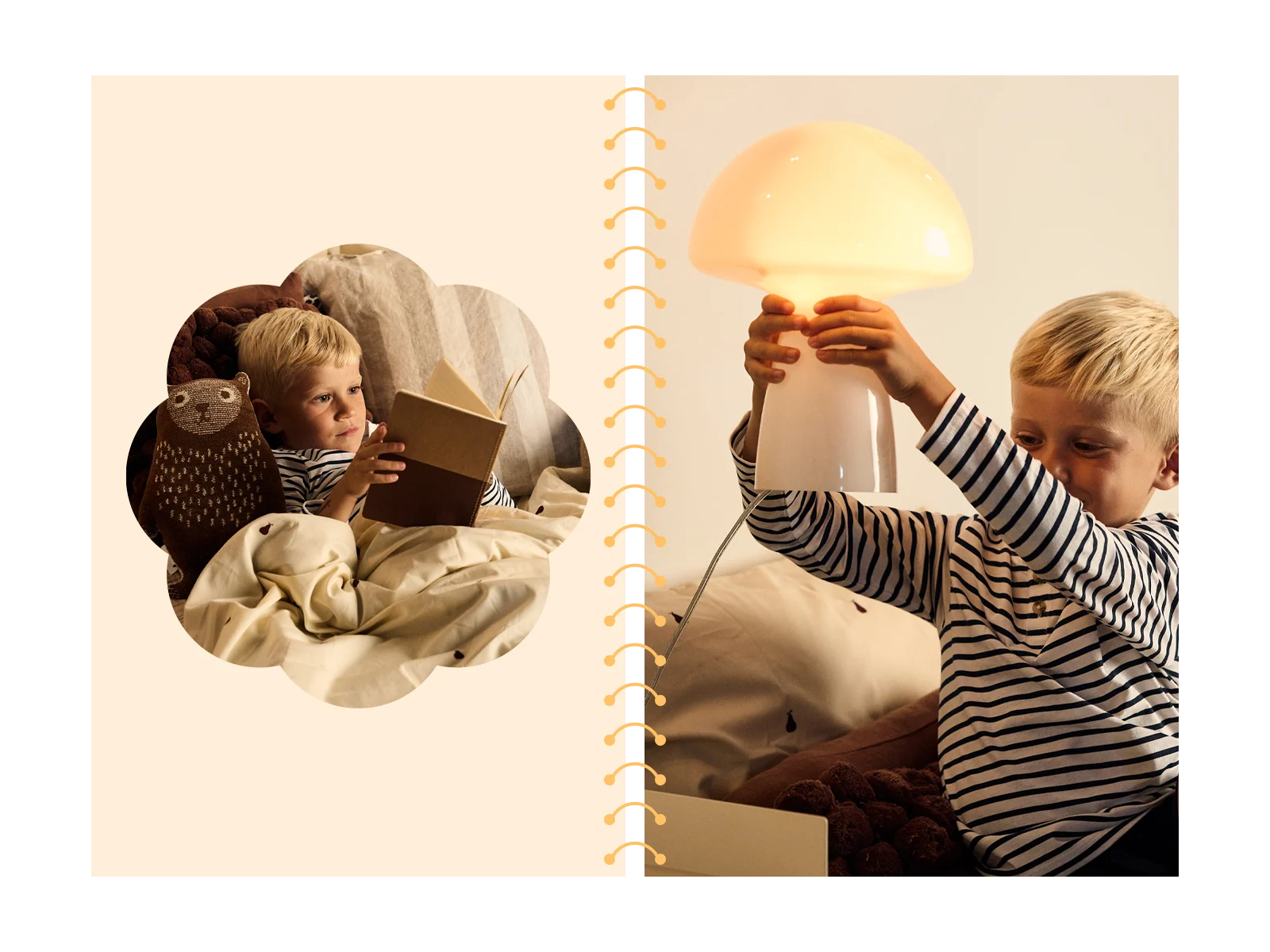 Boy reads in bed with bear, then holds a glowing mushroom lamp; presented as an open book.