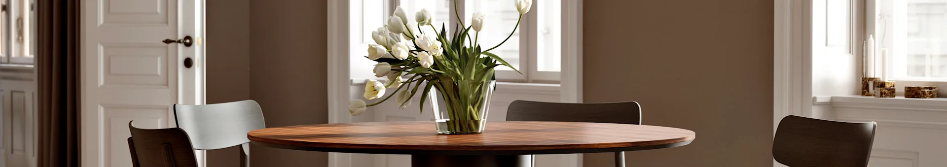 Round wooden dining table with a vase of white tulips and chairs in a sunlit room.