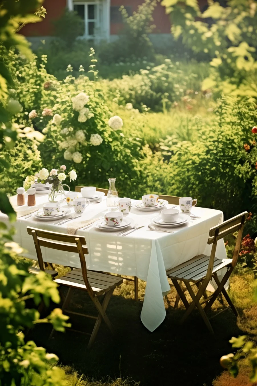 An outdoor dining table set with white tableware and a floral vase in a sunny green garden.
