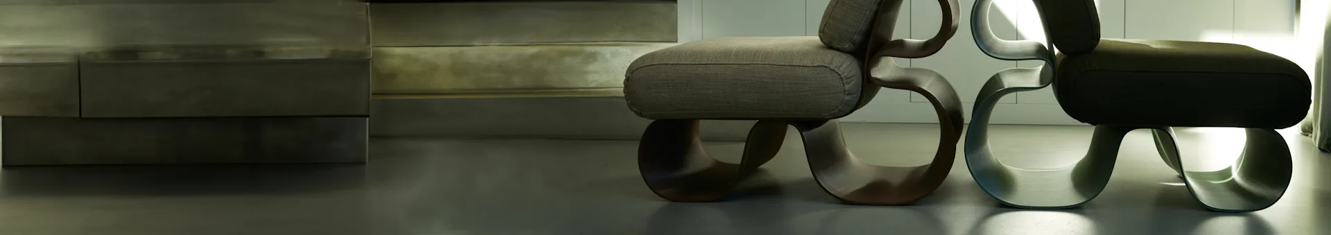 Two modern upholstered armchairs with sculptural wavy bases; one dark wood, one light green wood.