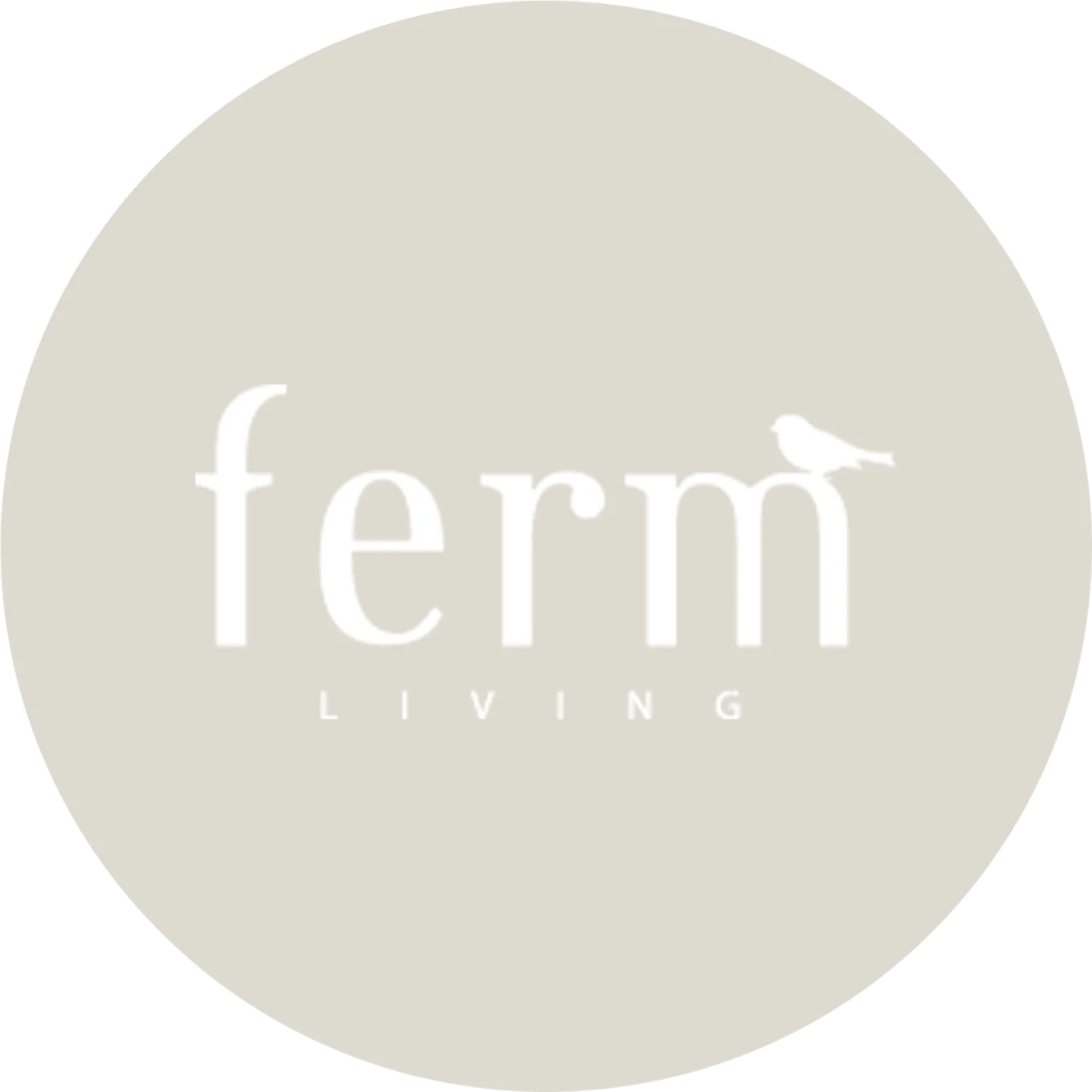 Ferm Living logo with a small bird on the letter 'm' of 'ferm', inside a light gray circle.