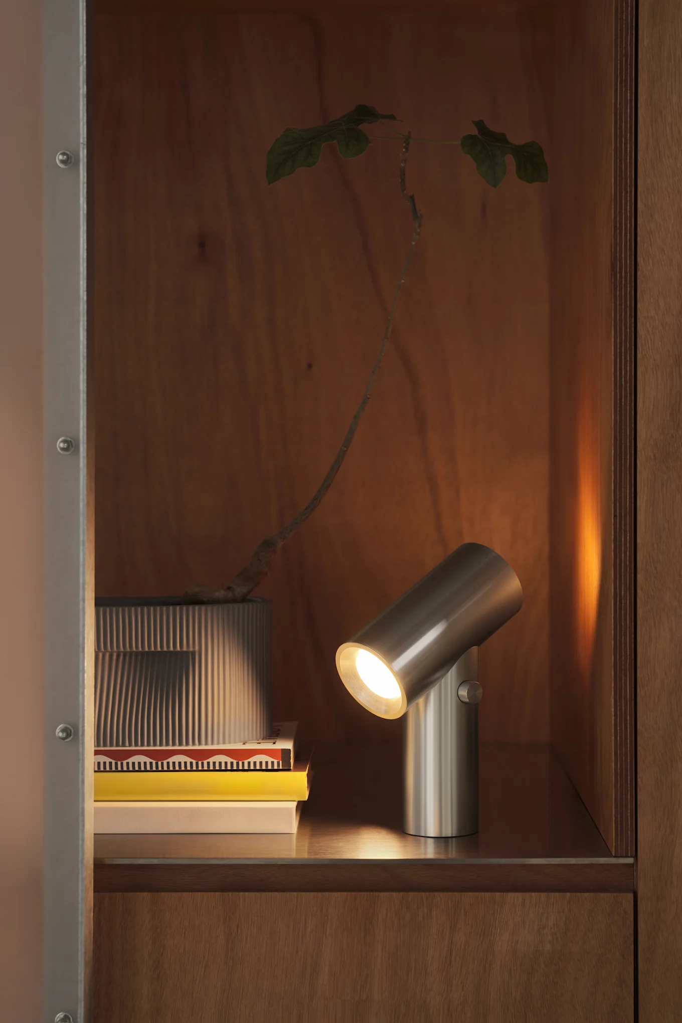 A brushed metal lamp illuminates a wooden shelf with stacked books and a potted plant.