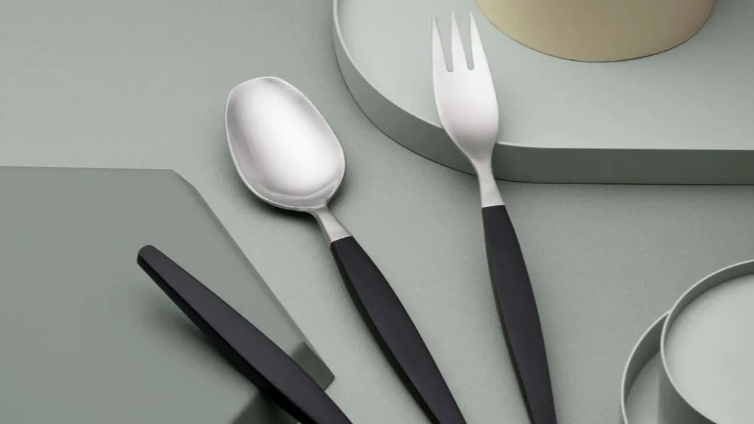 Silver spoon, fork, and knife with black handles on a light green surface.