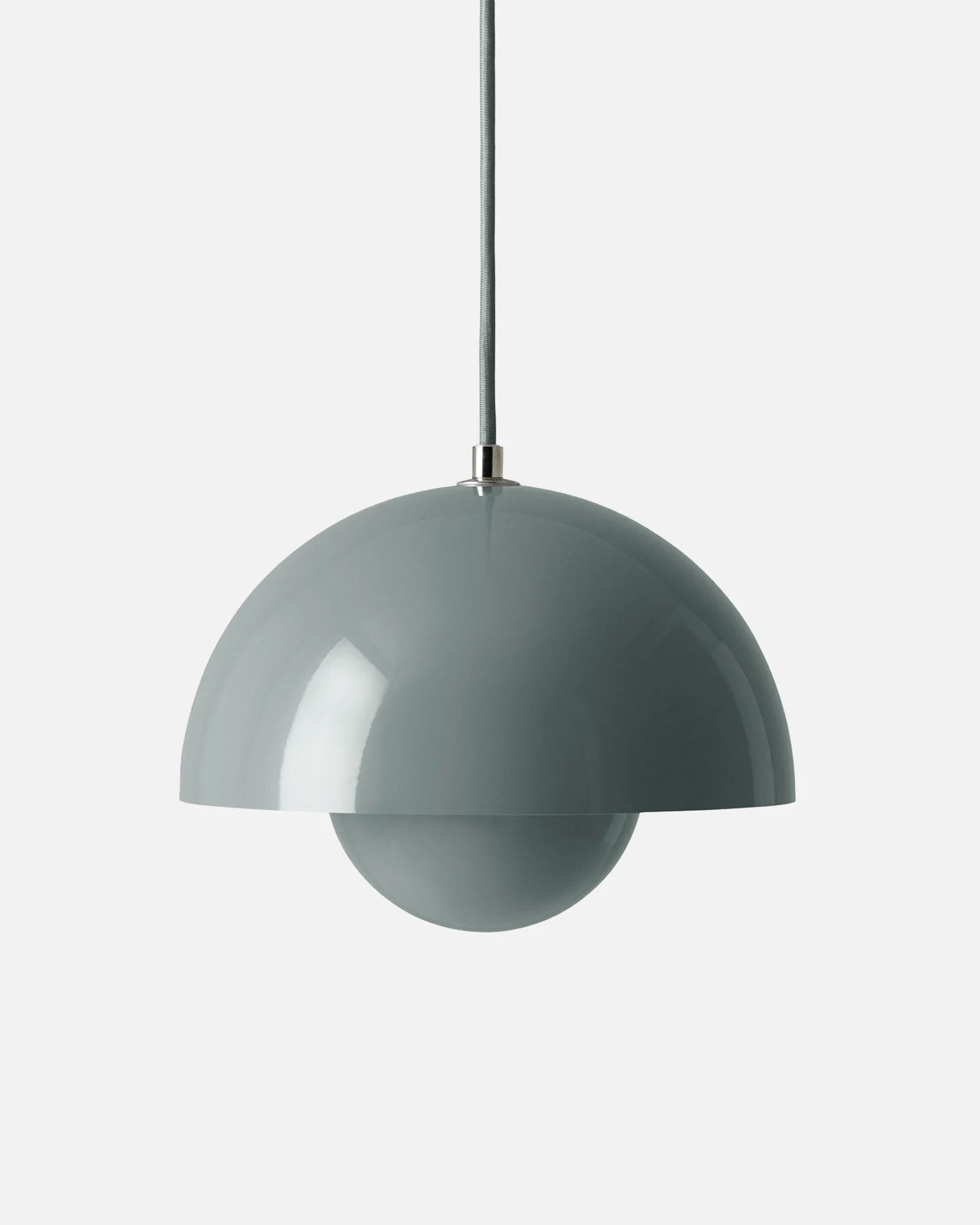 A sleek grey pendant lamp with a dome-shaped shade over a spherical diffuser, suspended by a grey cord.