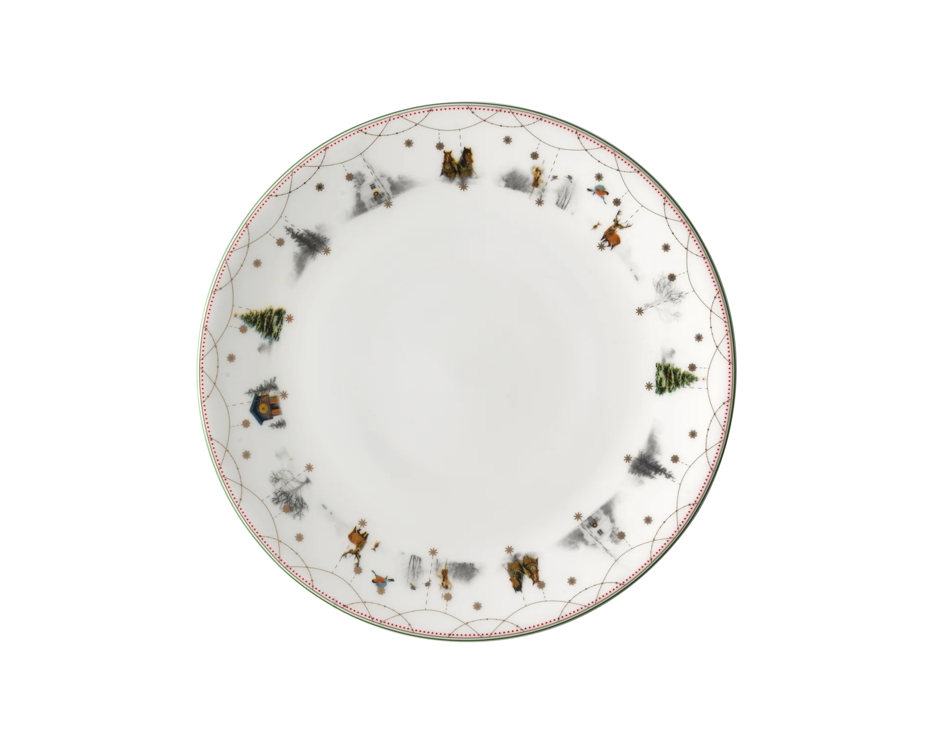 A white decorative plate with a festive winter scene border, featuring evergreen trees, a house, deer, and snowflakes, bordered by a red heart pattern.