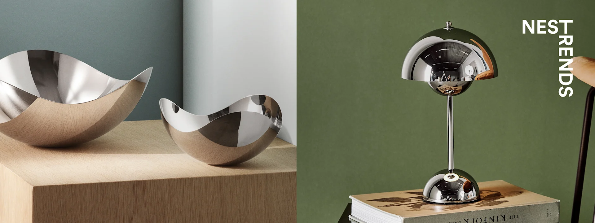 Two reflective metal decorative bowls on light wood blocks, next to a chrome mushroom table lamp on books, with 'NEST TRENDS'.