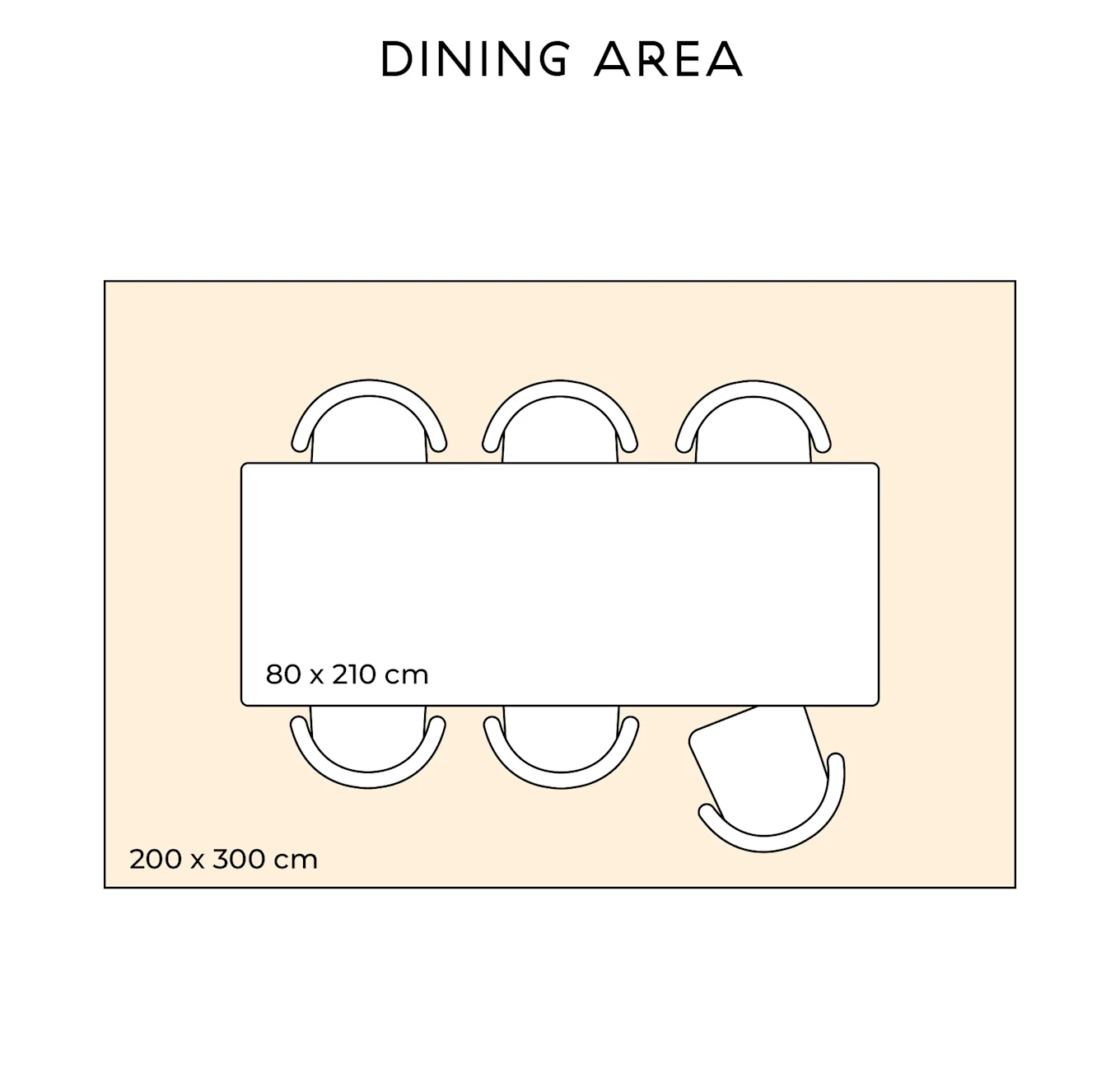 Top-down view of a dining area with a rectangular rug (200x300 cm), a dining table (80x210 cm), and six chairs.