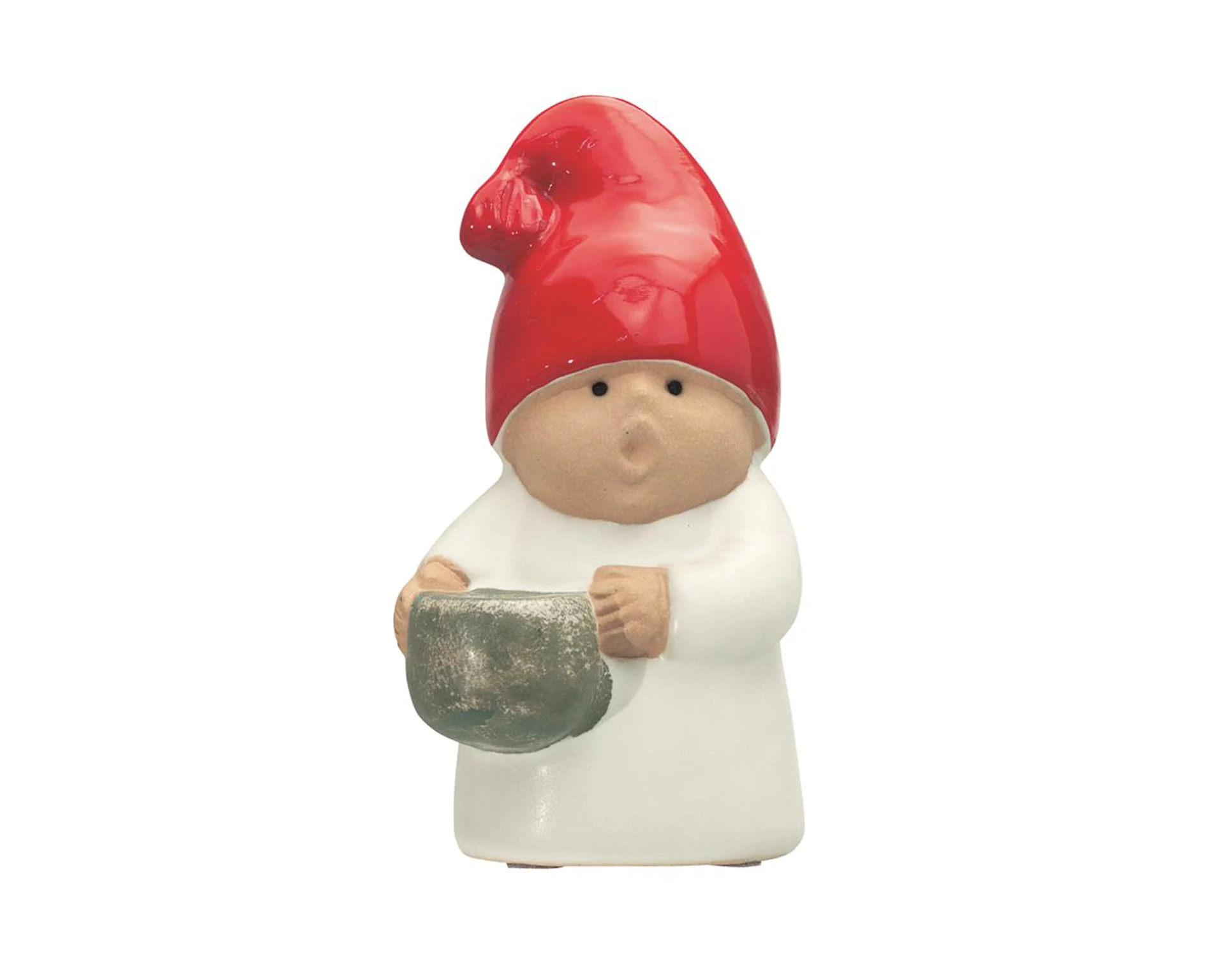 A ceramic gnome figure with a shiny red hat, white robe, and a beige face, holding a rustic gray pot.
