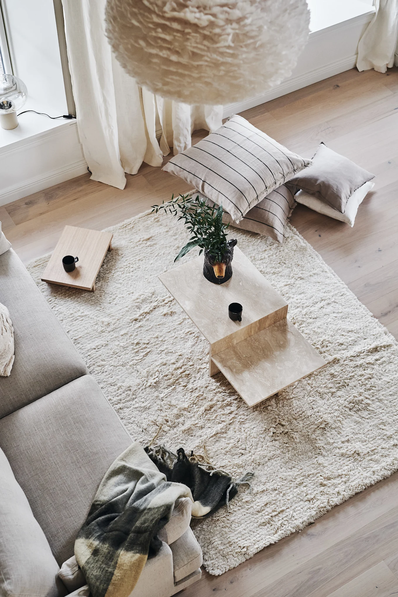 Overhead view of a modern living room with a beige sofa, shaggy rug, and tiered wood coffee table with a plant.