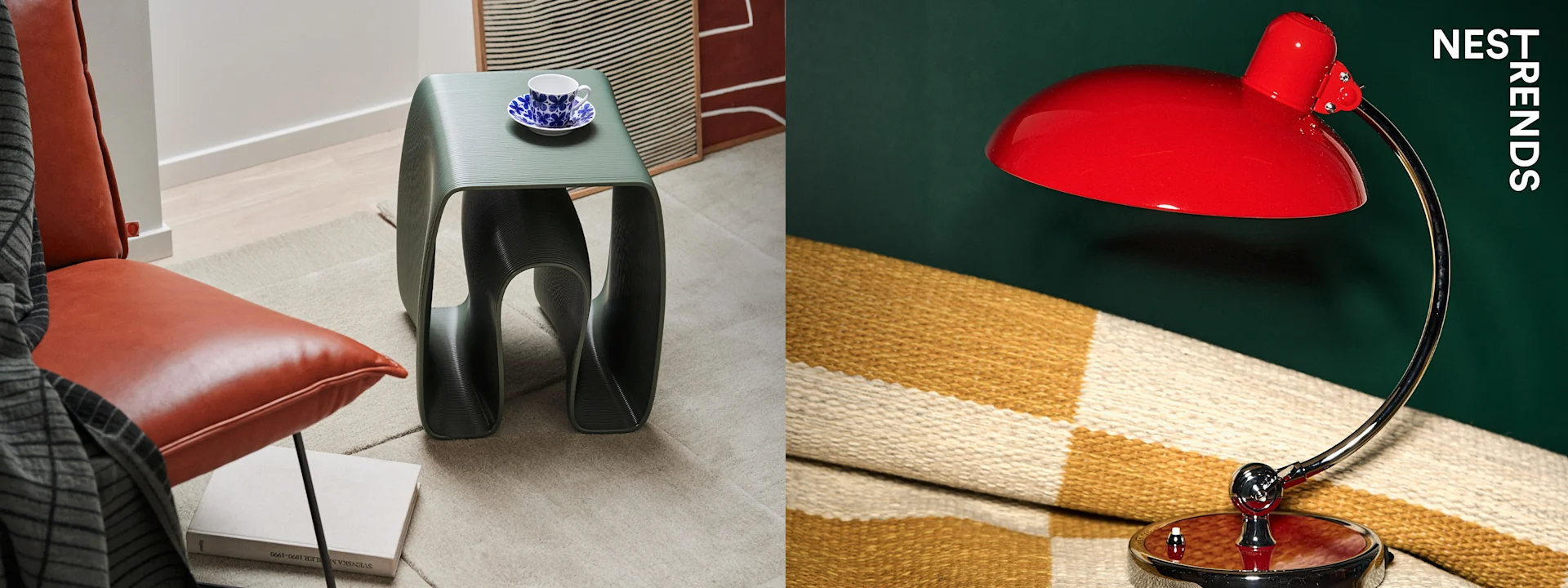 A modern green side table with a teacup next to an orange chair; a red desk lamp rests on a yellow checkered blanket.