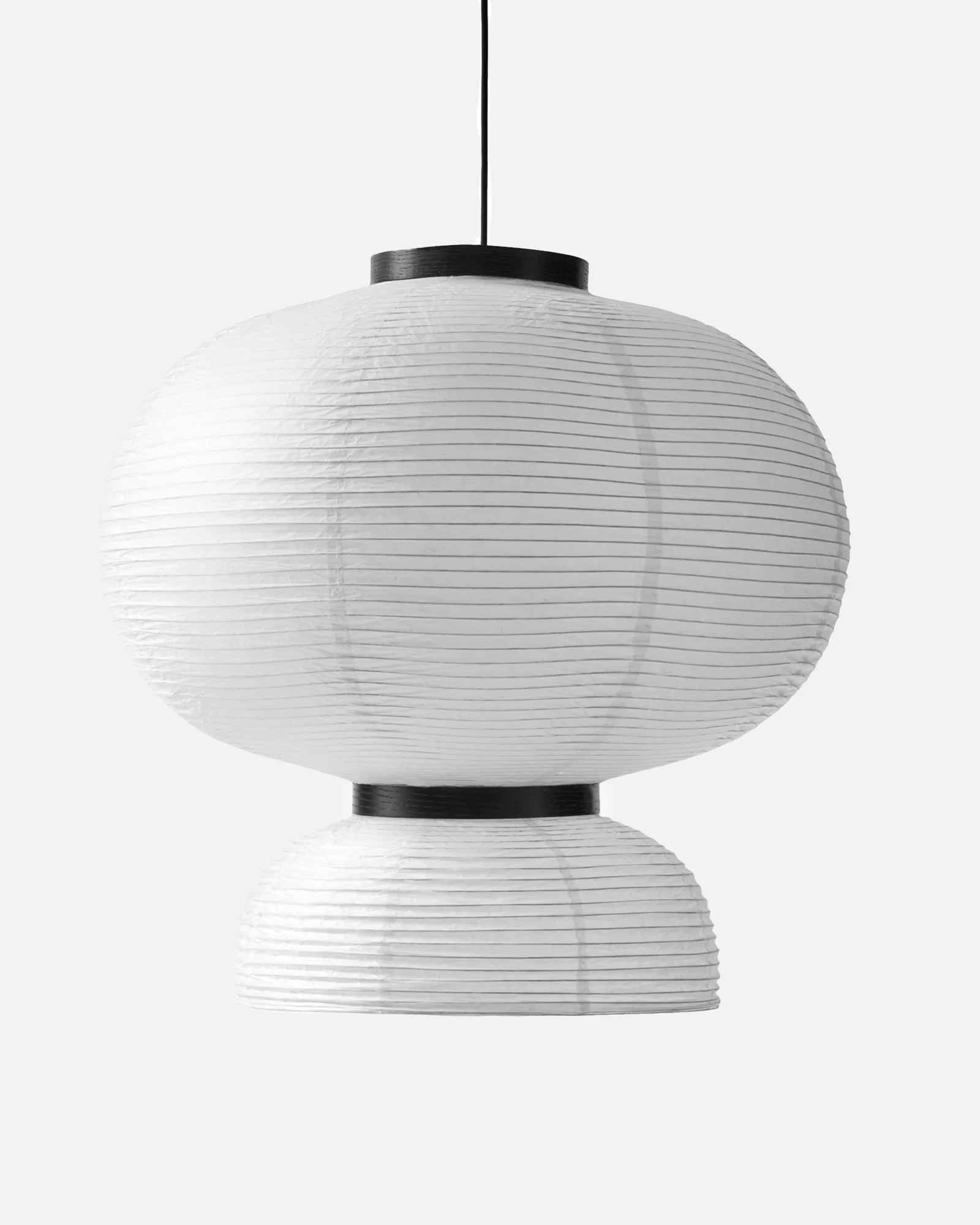 White paper lantern with a large spherical top, smaller rounded base, and black trim.