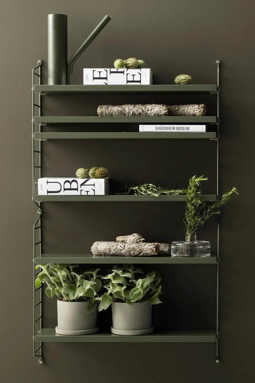 Dark green wall shelves with a watering can, books, sage bundles, rosemary, and fuzzy green potted plants.