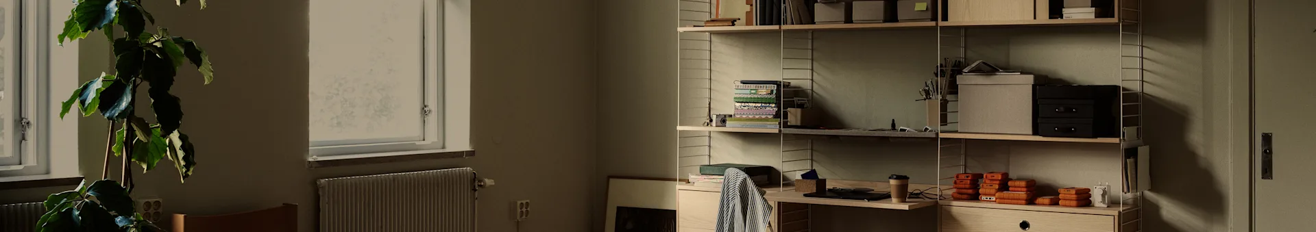 A neat home office with a large plant by a window, and a wooden shelving unit filled with books, boxes, and orange portable hard drives.