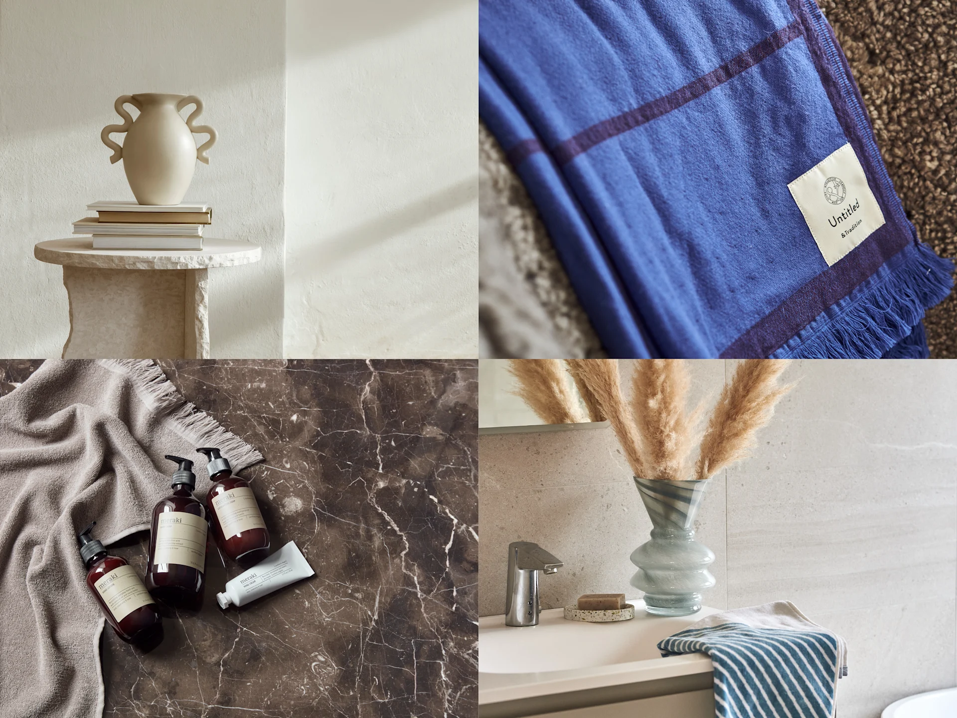 Four-panel collage: vase on books, blue blanket, bath products on marble, bathroom sink with vase and striped towel.
