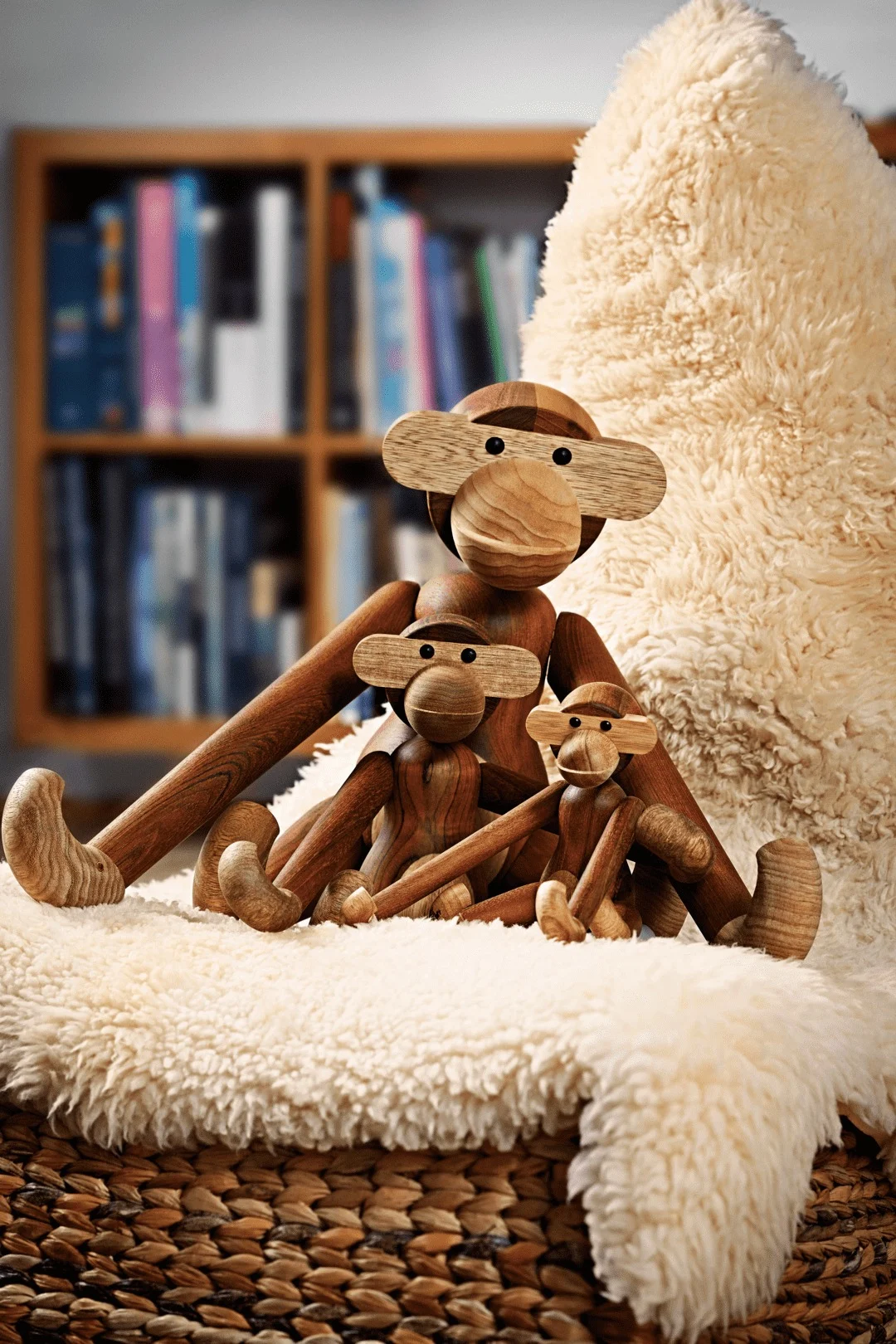 Three wooden monkey figurines, varying sizes, on a white sheepskin rug over a woven basket.