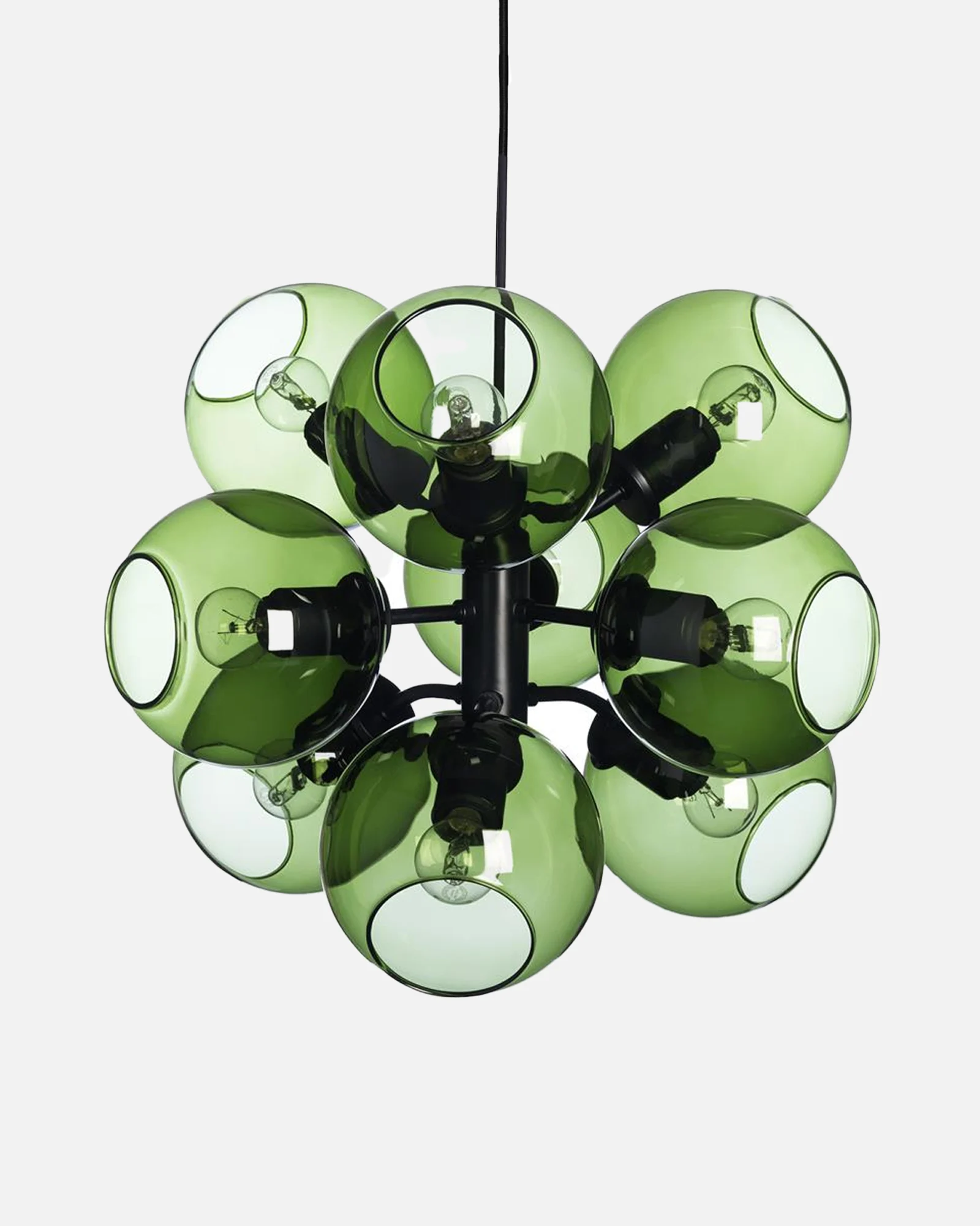 Modern chandelier with multiple dark green spherical glass shades on black arms, each with a visible light bulb.