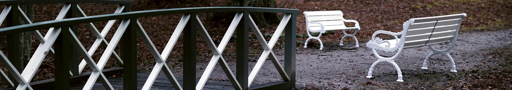 A park scene with a dark green and white bridge railing on the left and two white ornate benches on the right, set against a ground of wet leaves.