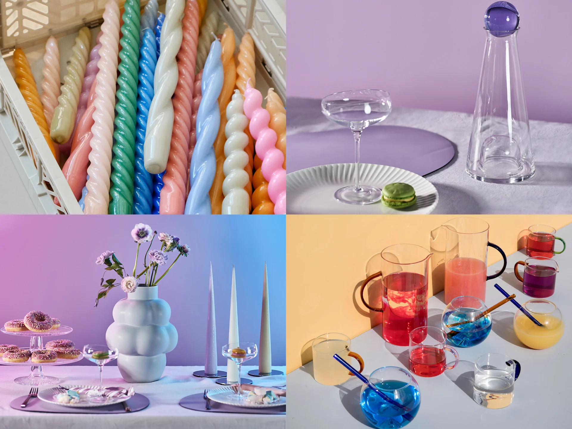 Colorful twisted candles, table setting with donuts and flowers, glassware with drinks, and a carafe with a macaron.