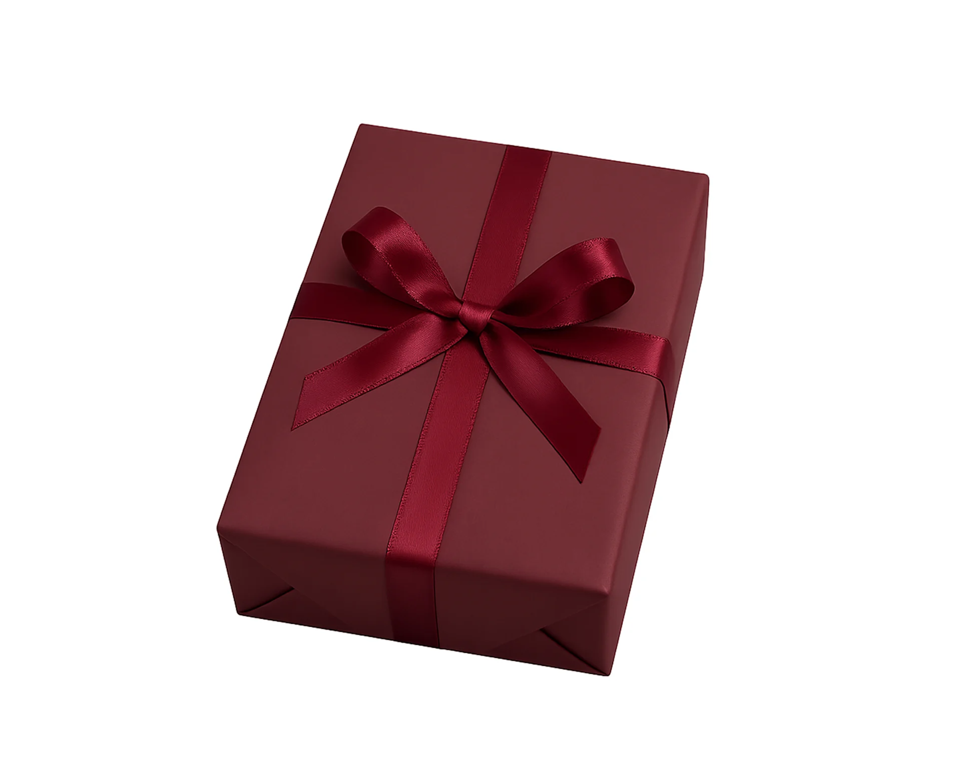 A rectangular gift box wrapped in dark red paper with a matching satin ribbon and bow.