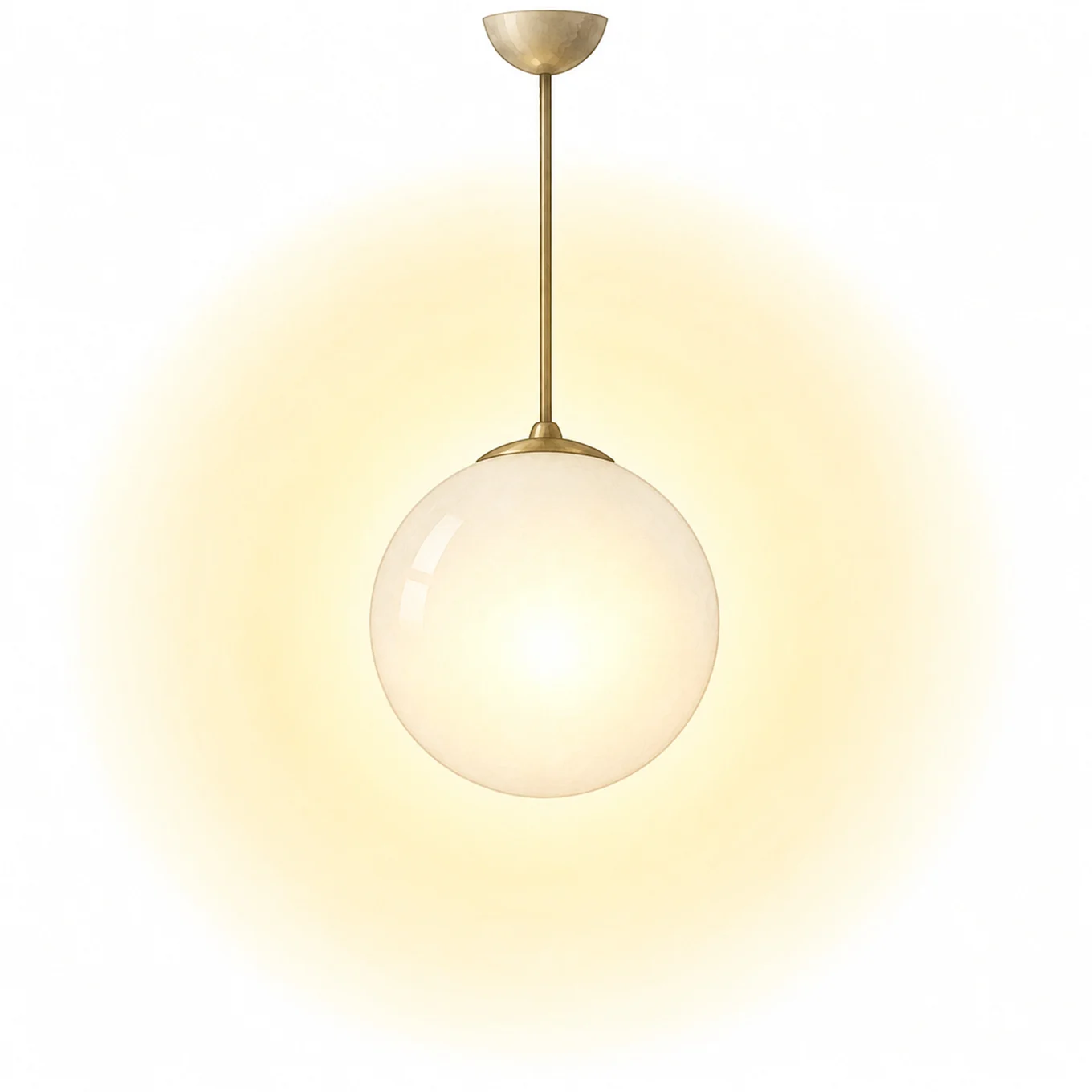 A modern pendant light with a glowing spherical white glass shade and a brass-colored rod, casting a warm yellow light.
