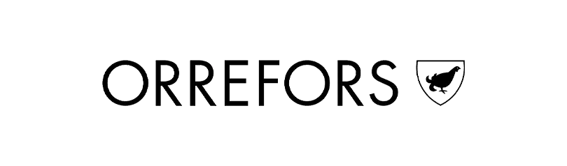 Orrefors logo with text and a shield emblem featuring a grouse.