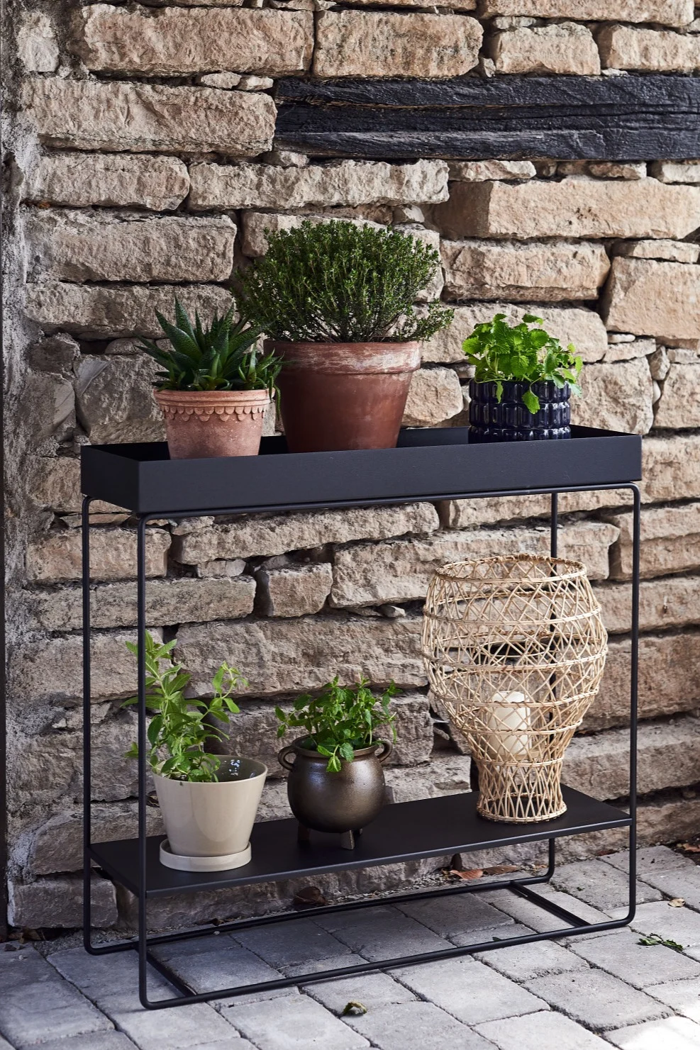 A black two-tier metal plant stand against a stone wall, holding various potted green plants and a wicker lantern.