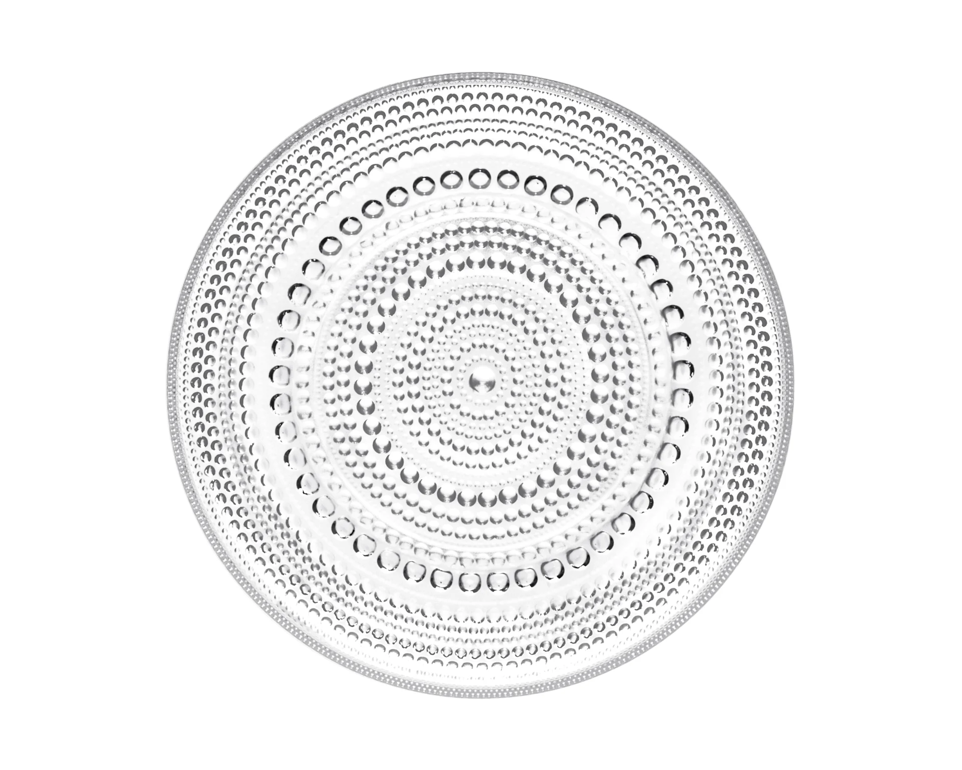 Clear round glass plate with concentric textured rings of dots and open circles.
