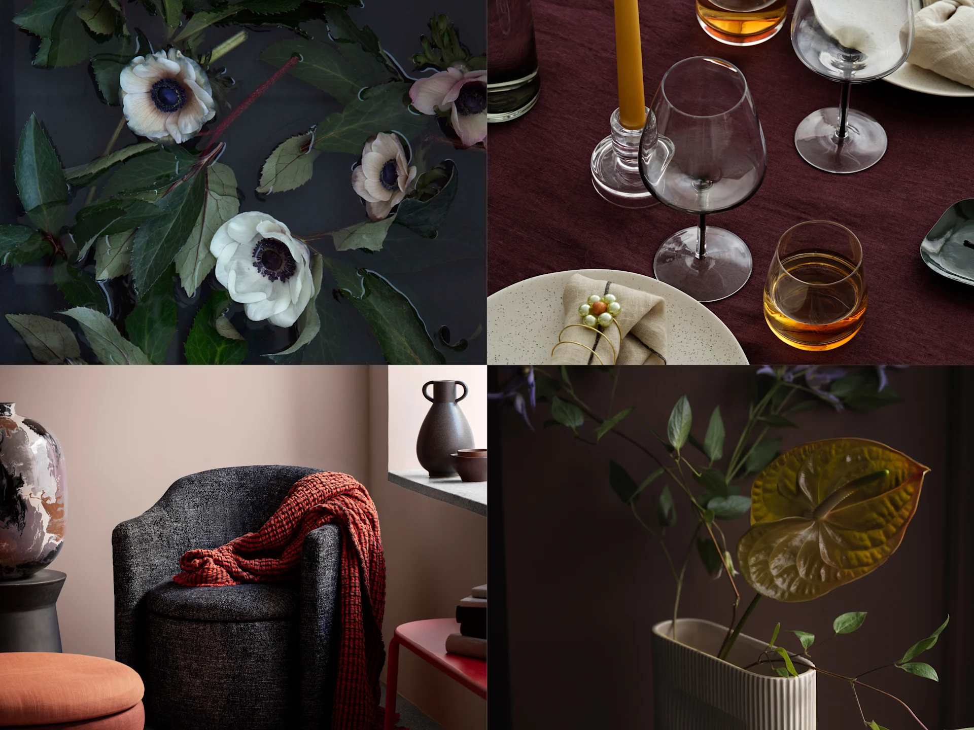 Collage of four scenes: floating flowers, a dining table, an armchair with a throw, and an anthurium in a vase.