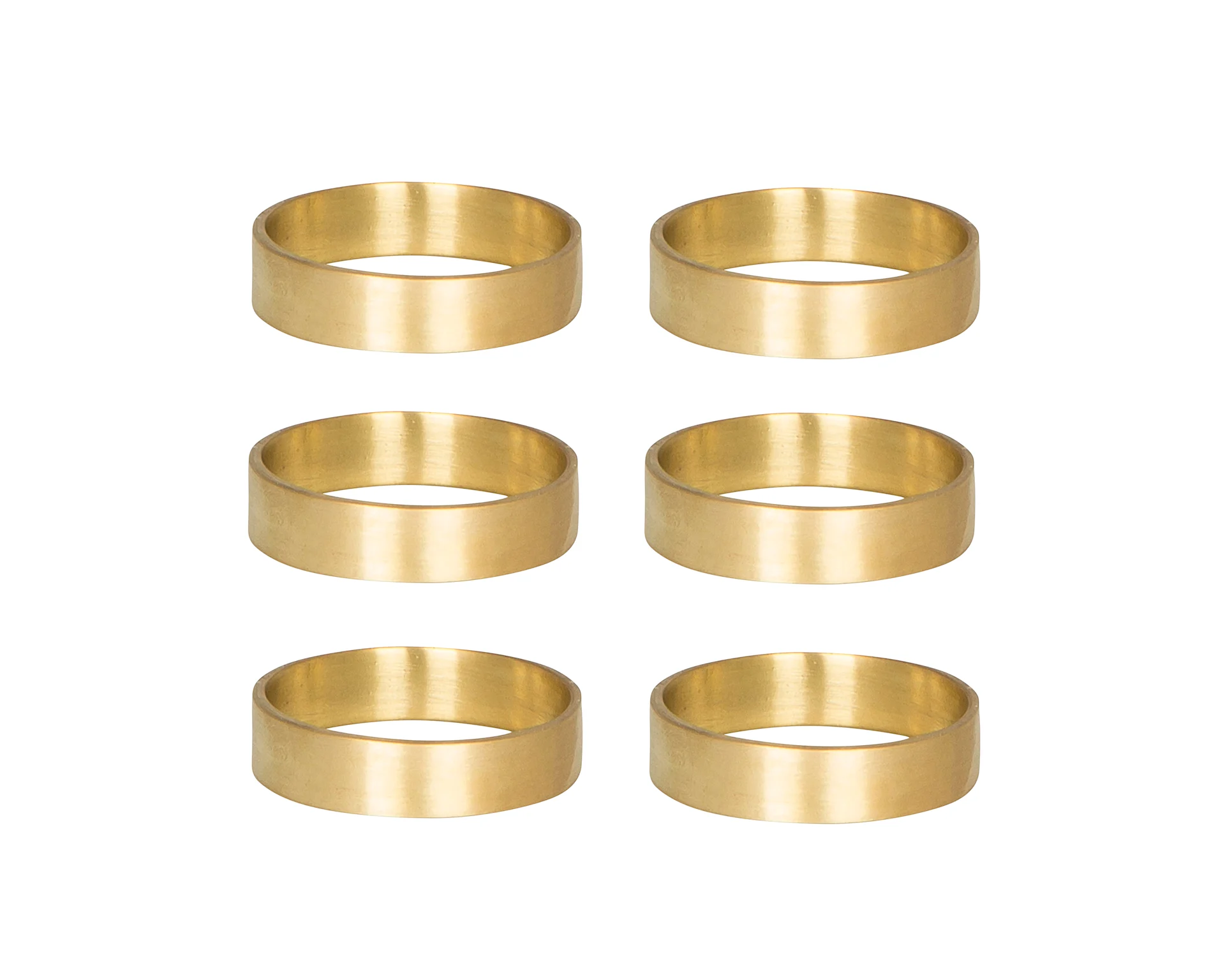 Six brass-colored flat circular rings arranged in two columns on a white background.