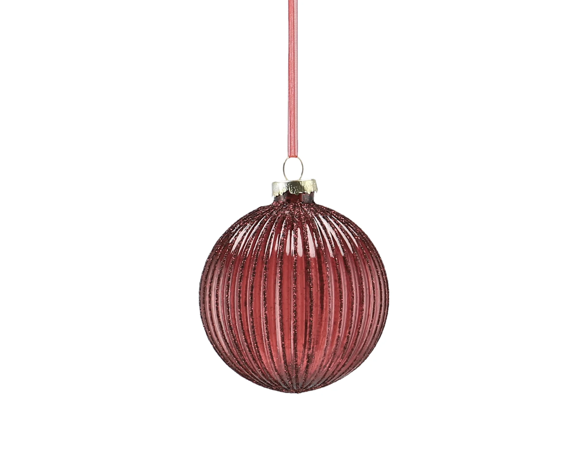 Dark red ribbed glitter Christmas ornament hanging from a pink ribbon.