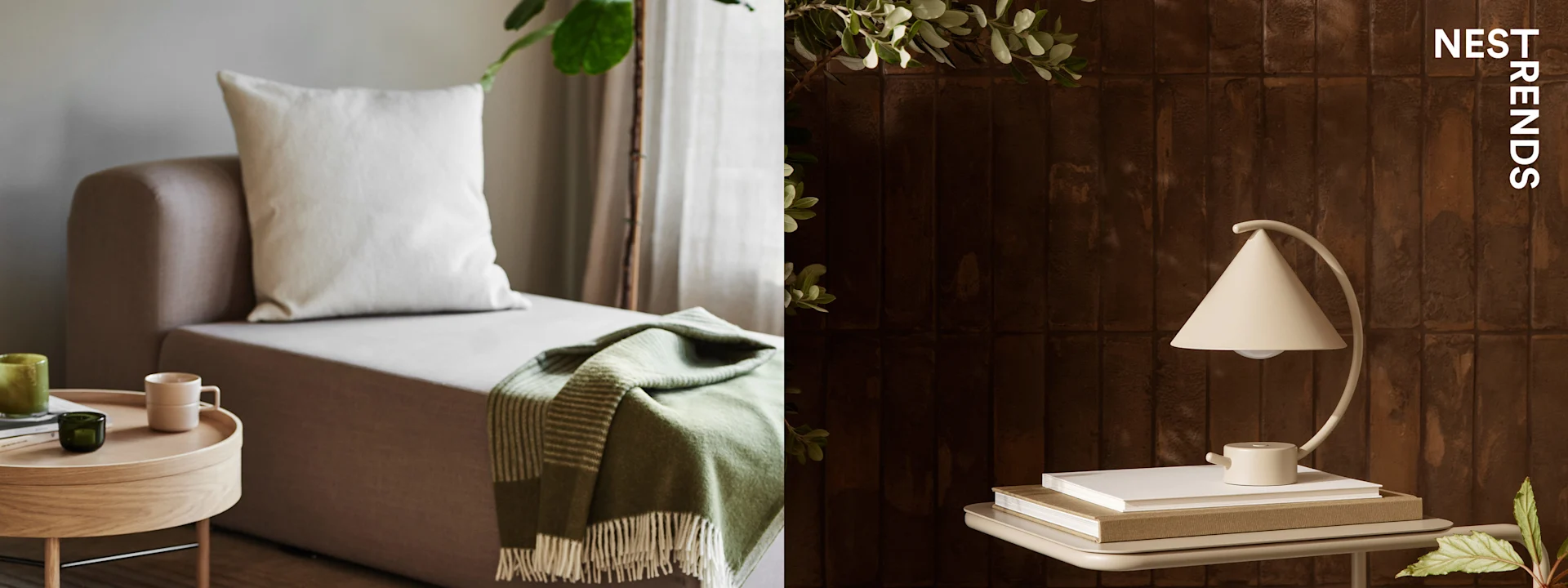 A minimalist interior split: taupe sofa with green throw and wood table; cream conical lamp on books against a dark tiled wall.