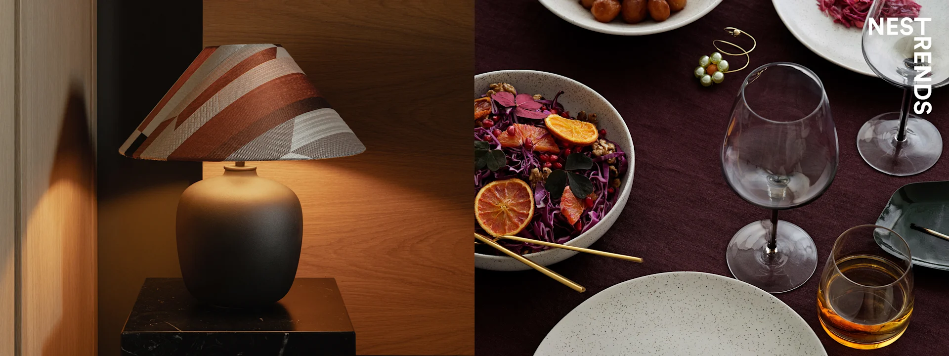 A split image features a lamp with a patterned lampshade on the left and a bowl of colorful salad with blood oranges and red cabbage on a dining table on the right.