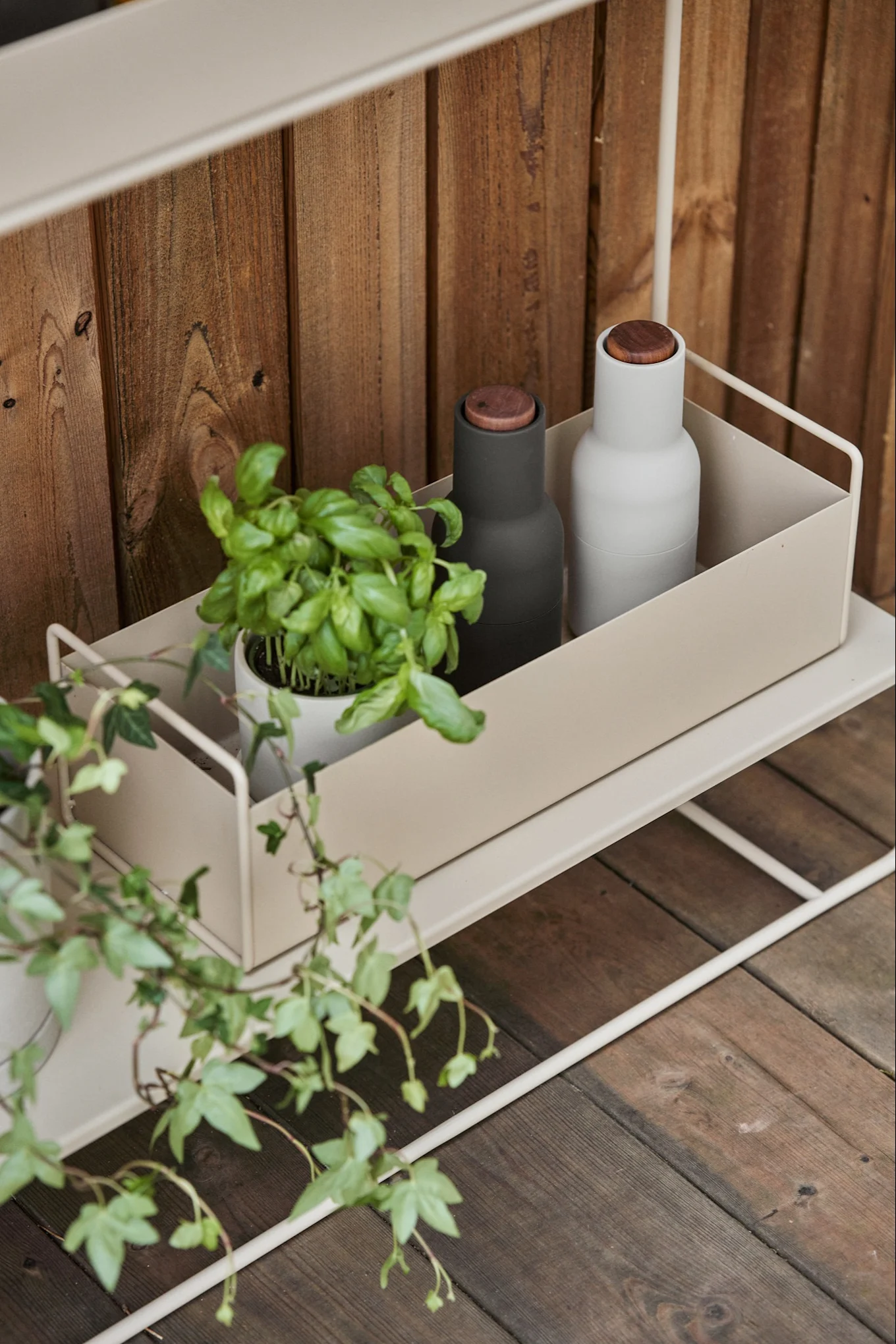 A basil plant and two minimalist bottles (dark grey and light grey) with wooden tops sit on a light beige metal shelf against a wooden wall.