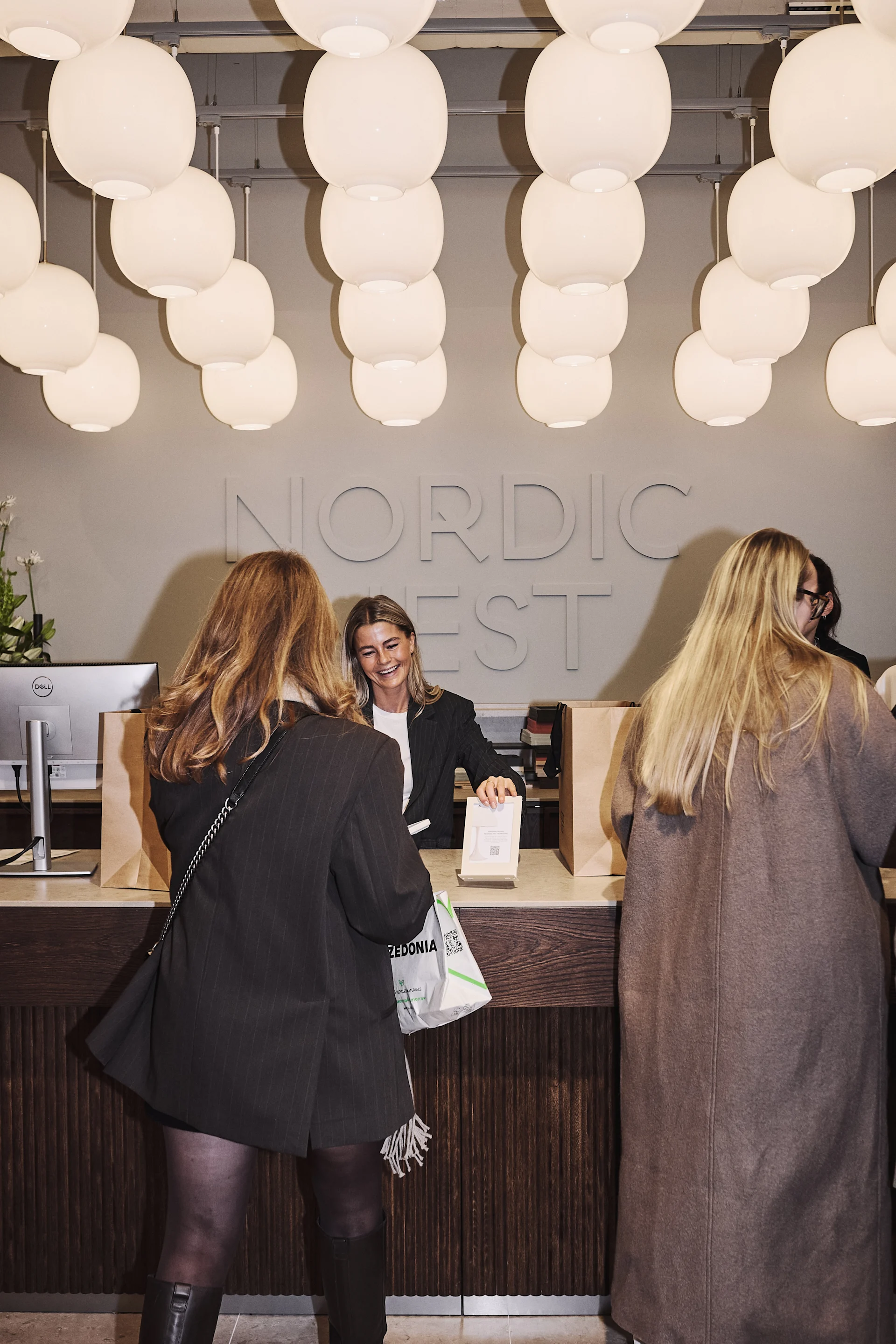 Sales associate smiling at two customers at a counter with shopping bags, under white spherical pendant lights and a 'NORDIC EST' sign.