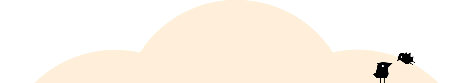 Two stylized black bird-like figures with white eyes on a light beige, cloud-like background.